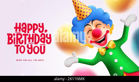 Geburtstag Clown Charakter Vektor-Design. Alles gute zum Geburtstag Text mit Party-Buffoon Maskottchen für Grußkarte Einladung Hintergrund. Vektorgrafik. Stock Vektor