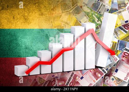 Wirtschaftsdiagramm: Abwärtspfeil, Euro-Cash-Banknoten und Litauen-Flagge (Geld, Wirtschaft, Unternehmen, Finanzen, Krise) Stockfoto