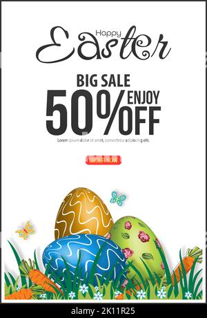 Illustration von Happy Easter Big Sale 50% Rabatt auf Design Poster. Stockfoto