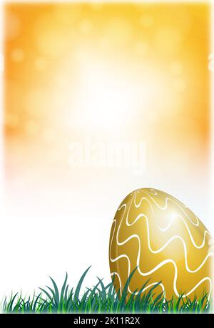 Große goldene Ostereier im Gras auf hellgelbem Bokeh Hintergrund. Illustration. Stockfoto