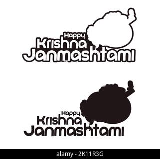 Happy Janmashtami Festival typografisches Design mit Text, Töpfen, Pfauenfeder. Stockfoto