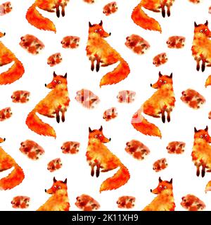 Aquarell-Illustration eines orangen Fuchses und eines Fleckes. Aquarellflecken. Er eignet sich perfekt für Postkarten, Poster, Banner, Einladungen, Grußkarten, pri Stockfoto