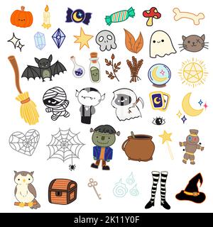 Happy Halloween Magic Cute Collection. Handgezeichnete Farbkritzelelemente für Dekoration isoliert auf weißem Hintergrund. Ideal für Sticker Dekoration. Stockfoto