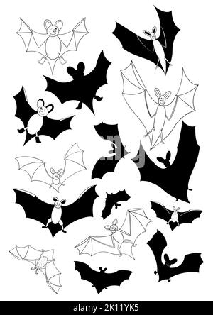 Illustration der Fledermäuse Silhouette und Umriss Sammlung für halloween isoliert auf weißem Hintergrund Stockfoto