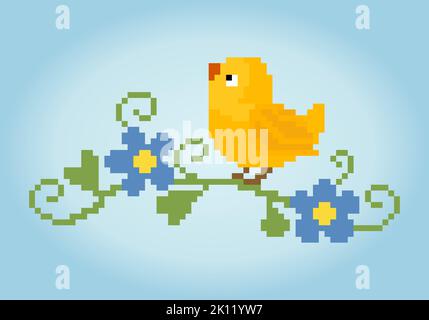 Pixel 8 Bit Vogel auf Baum. Tierische Spielelemente in Vektorgrafik. Stock Vektor