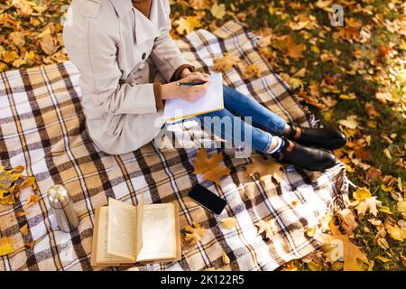 Kaukasische tausendjährige Frau im Regenmantel macht Notizen im Notizbuch, sitzt auf karierten mit Thermoskanne, Telefon mit leerem Bildschirm Stockfoto