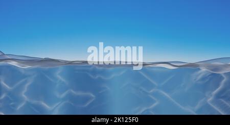 Meer Unterwasser Raum und Himmel Hintergrund. Wasseroberfläche, Ozean unter Wasserstand, 3D Render Stockfoto