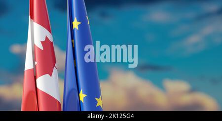 Beziehungen zwischen Kanada und der EU. Flaggen der Europäischen Union und Kanadas auf der Stange, wolkig, Hintergrund des Himmels, 3D Render Stockfoto