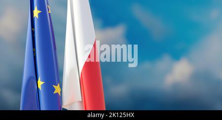 Beziehungen zwischen Polen und der EU. Flaggen der Europäischen Union und Polens auf der Stange, wolkig, Hintergrund des Himmels, 3D Render Stockfoto