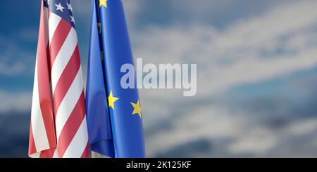 Beziehungen zwischen der EU und den USA. US-amerikanische und EU-Flaggen auf Mast, wolkig, Hintergrund, 3D Render Stockfoto