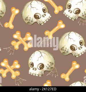 Halloween Nahtloses Muster mit Totenköpfen, Netz und Knochen. Aquarell handbemalte Illustration. Halloween Tapete Design auf braunem Hintergrund. Für Karte, Stockfoto