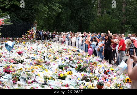 Sandringham, Großbritannien. 12. September 2022. Blumengebete heute, 12.. September, bei den Norwich Gates in Sandringham, Norfolk. Das Land trauert noch offiziell um Königin Elisabeth II., die von König Karl III. Abgelöst wurde Königin Elizabeth II. Starb am 8. September 2022, als sie im Balmoral Castle in Schottland wohnte. Kredit: Paul Marriott/Alamy Live Nachrichten Stockfoto