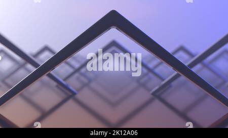 3D Darstellung der Anordnung von schwarzen metallischen Dreiecken mit lebhaftem violettem Umgebungslicht; erinnert an modernes Chevron- oder Kreuz-Kreuz-Muster; eine Form von cy Stockfoto
