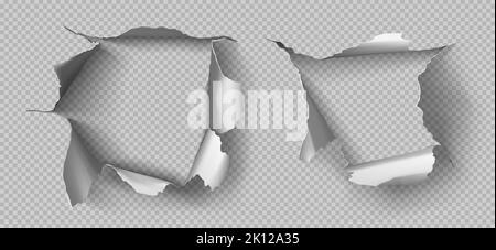 Metallrisslöcher mit lockigen Kanten, zerrissenen Rissen, Schnittschäden auf Stahlblech. Zerrissene Schrägstriche, Gun Aperture Frames oder Ränder isoliert auf transparentem Hintergrund, realistische 3D-Vektor-Illustration, Clip Art Stock Vektor