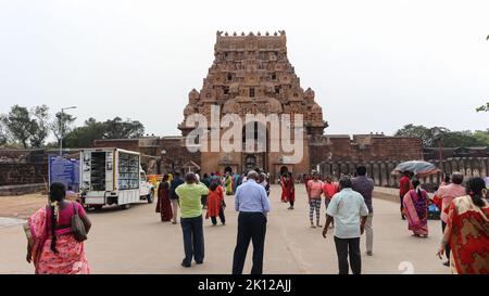 Die erstaunliche Darstellung auf dem Eingang des Brihadeshwara-Tempels, Thanjavur, Tamil Nadu, Indien. Stockfoto