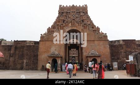 Die erstaunliche Darstellung auf dem Eingang des Brihadeshwara-Tempels, Thanjavur, Tamil Nadu, Indien. Stockfoto