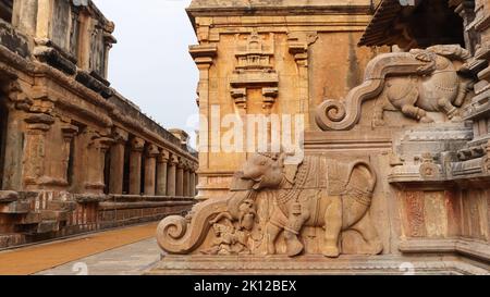 The Amazing Elephant Stairs of Brihadeshwara Temple, Big Temple, Thanjavur, Tamil Nadu, Indien. Stockfoto