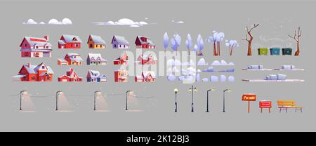 Winter Stadtbauer Set von Häusern, Straßenbeleuchtung Laternen, Bäume und Sträucher, Abfallbehälter, Bank, Zum Verkauf Schilder mit Schnee bedeckt, Wolken. Cartoon Stadt Design Elemente Vektor Illustration Stock Vektor