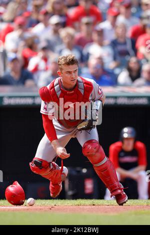 CLEVELAND, OH – 14. SEPTEMBER: Der Los Angeles Angels-Catcher Max Stassi (33) arbeitet am 14. September 2022 im Progressive Field in Cleveland, Ohio, hinter der Platte. (Foto: Joe Robbins/Image of Sport) Stockfoto