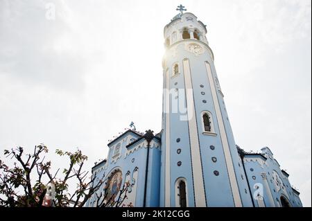 Bratislava, Slowakei - 08. Mai 2022: Katholische blaue Kirche im östlichen Teil der Altstadt in Bratislava, Slowakei. Stockfoto