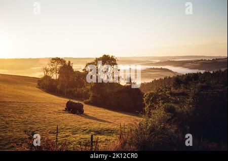 Sonnenaufgang über dem Taw Valley, fotografiert von High Bickington, North Devon, England , Vereinigtes Königreich. Stockfoto