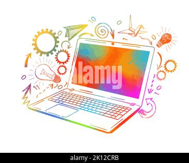 Abstraktion farbenfroher Laptop mit Zahnrädern. Vektorgrafik Stock Vektor