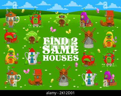Finden Sie zwei gleiche märchenhafte magische Häuser und Wohnungen, Kinder Spiel Puzzle. Vektor-Arbeitsblatt des passenden Quiz mit Cartoon Teekannen, Erdbeere, Apfel und Kohl Häuser, Schuh-und Windmühle Häuser der Elfen Stock Vektor