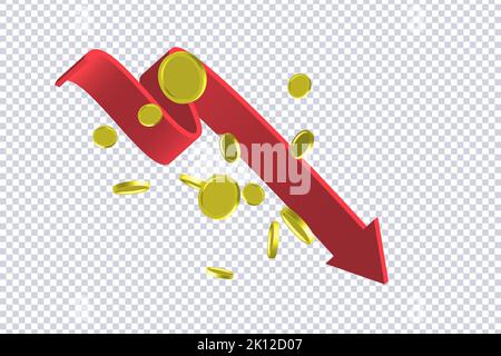Gebogener roter Pfeil und fliegende Münzen auf Transparent. Marktbewegungen Konzeptdiagramme, Infografiken. Finanzkrise, Herabstufung, Inflationskonzept. Tradi Stock Vektor