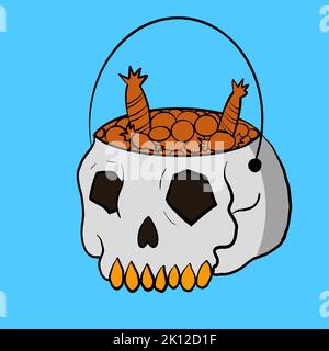 Helloween Schädel mit Süßigkeiten innen Illustration Hintergrund blau Stock Vektor