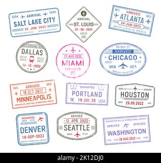 Reisepassmarken, USA Flughafen Visum Ankunft in amerikanischen Städten, Vektor. Internationale USA-Reisestempel von Chicago, Houston und Washington, Seattle und Miami, Denver, Dallas, Atlanta und Portland Stock Vektor