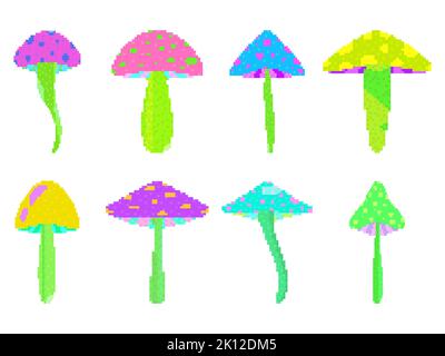 Bunte Pilze im Pixel Art Stil Icon auf weißem Hintergrund isoliert gesetzt. Dreippige Zauberpilze im 8-Bit-90s-Videospiel-Stil im Jahr 2D. Design für AP Stock Vektor