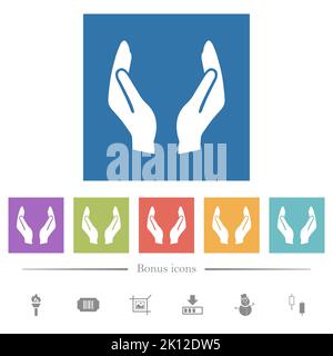 Leere Schutzhände durchgehende, flache weiße Symbole auf quadratischem Hintergrund. 6 Bonus-Symbole enthalten. Stock Vektor