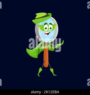 Cartoon Lupe oder Lupe Superhelden Charakter. Lustige Vektor-Lupe Personage tragen grünen Robin Hood Hut und Umhang. Zoom Superhelden Bildungsschule oder Büro Versorgung für Forschung Informationen Stock Vektor