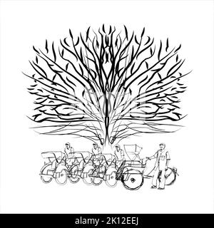 Abbildung eines Rikscha-Abziehers unter einem Baum Stock Vektor