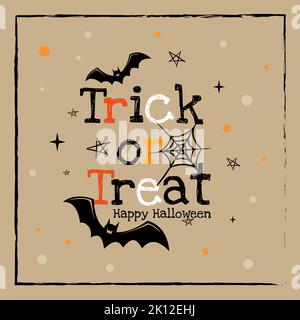 Text Trick or Treat und Happy Halloween Spinnennetz Fledermäuse und Sterne Stock Vektor
