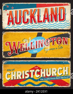 Auckland, Christchurch, Wellington, Neuseeland Reise-Aufkleber, Vektor-Vintage-Platten. Gepäckanhänger und Retro-Blechschilder mit Wahrzeichen und Emblemen der Stadt in Neuseeland für Urlaube und Reisen Stock Vektor
