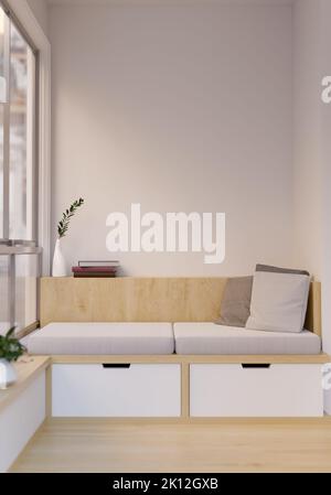 Minimal komfortables Apartment Wohnzimmer in Weiß und Holz Stil mit minimalem Sofa in der Nähe des Fensters, Home Dekor und weiße Wand. 3D Rendern, Stockfoto
