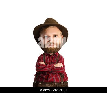 Lustiges Cartoon-Porträt eines jungen bärtigen Mannes mit Hut in traditioneller bayerischer Kleidung. Lustige Meme Emotionen. Feiertage, Festival, oktoberfest Konzept Stockfoto