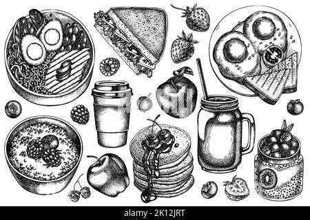 Frühstück Vintage Vektor Illustrationen Kollektion. Schwarz-weißes Sandwich, Pfannkuchen, Schüssel mit Avocado, Haferbrei mit Beeren, Chia Pudding, Gebraten Stock Vektor