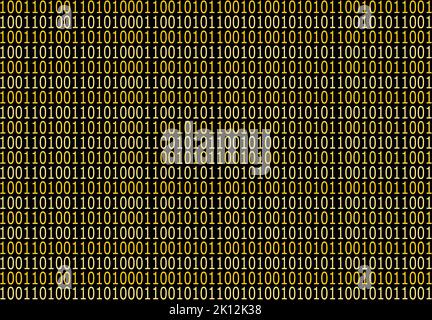 Verschlüsselter binärer ASCII-Computercode auf braunem Hintergrund. Gelber Binärcode-Computer. Stockfoto