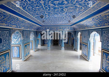 Sukh Nivas, die Hall of Rest auf dem 2. Stock des Chandra Mahal, City Palace, Jaipur, Rajasthan, Indien Stockfoto