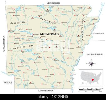 Sehr detaillierte physische Karte des US-Bundesstaates Arkansas Stockfoto