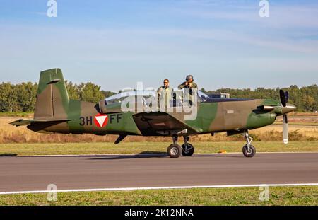 Pilatus PC-7 Trainerflugzeug der Österreichischen Luftwaffe auf der Flugbasis kleine-Brogel. Belgien - 14. September 2019. Stockfoto