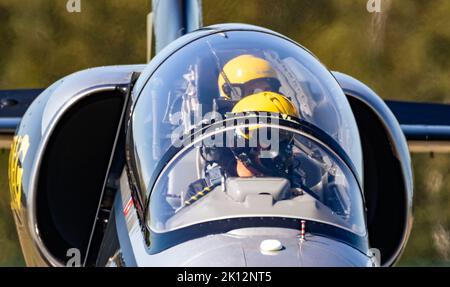 Breitling Jet Team Aero L-39 Albatros rollt nach der Landung auf der Flugbasis kleine Brogel. Belgien - 14. September 2019. Stockfoto