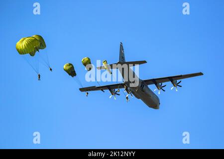 Fallschirmjäger springen aus einem Lockheed Martin C-130 Hercules Transportflugzeug der US Air Force vom Ramstein Air Base. Niederlande - 21. September 2019 Stockfoto
