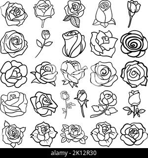 Handgezeichnete Rosen Doodle Line Art Outline Set mit Rosen, Rosen, Rosenknospen, Blüte, Blüte, Knospe, Blümchen, Blüten Stock Vektor