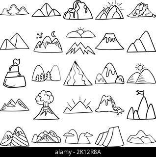 Berge handgezeichnete Doodle Line Art Outline Set mit Berg, Bergen, Klippe, Klippe, Gipfel, Pfahl, Bergrücken, sierra, Vulkan, Alp, bank, butte Stock Vektor