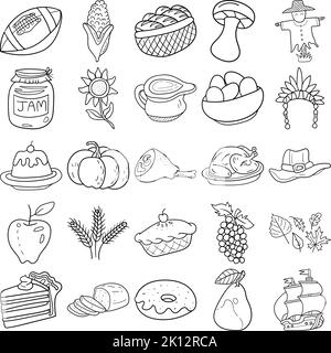 Handgezeichnetes Thanksgiving-Set mit Doodle Line Art Outline, das Mayflower, Mais, Kürbis, Kürbis, Weizen, Soße, Apfelkuchen, Kopfbedeckung, Türkei Stock Vektor