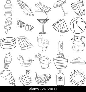Handgezeichnetes Sommerkunstset mit Doodle Line, bestehend aus Pool, Jetski, Sonnencreme, Sonne, Muschel, Strandball, Surfbrett, Fins, Sonnenschirm Stock Vektor