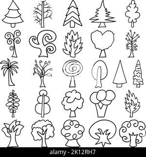 Bäume Handgezeichnete Doodle Line Art Outline Set mit Bäumen, Baum, Pflanze, Holz, Laube, Wald, Laube, Flora, Wald, Kipling, Keimling, Strauch Stock Vektor